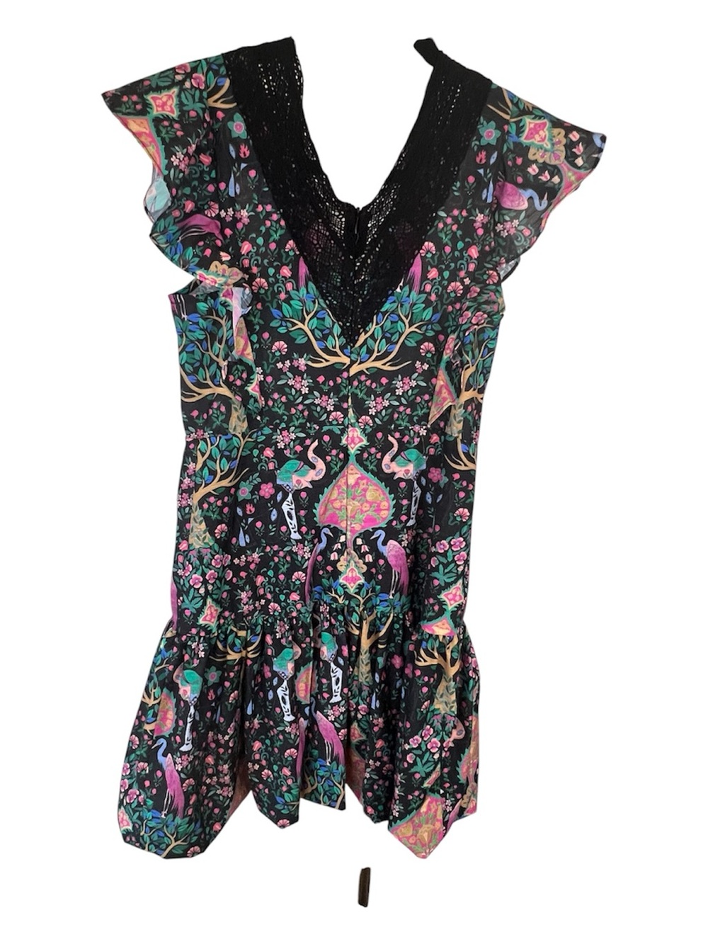 Sandro IveanBlack Floral V-Neck Mini Dress with Pink & Teal Accents & Bubble Hem